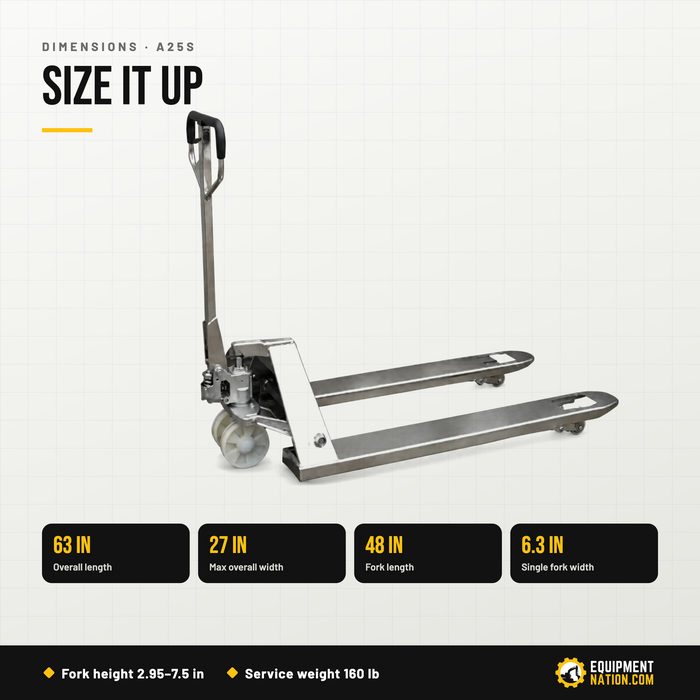 EKKO A25S Stainless Steel Manual Pallet Jack – 5,500 lbs Capacity, 7.5" Lift