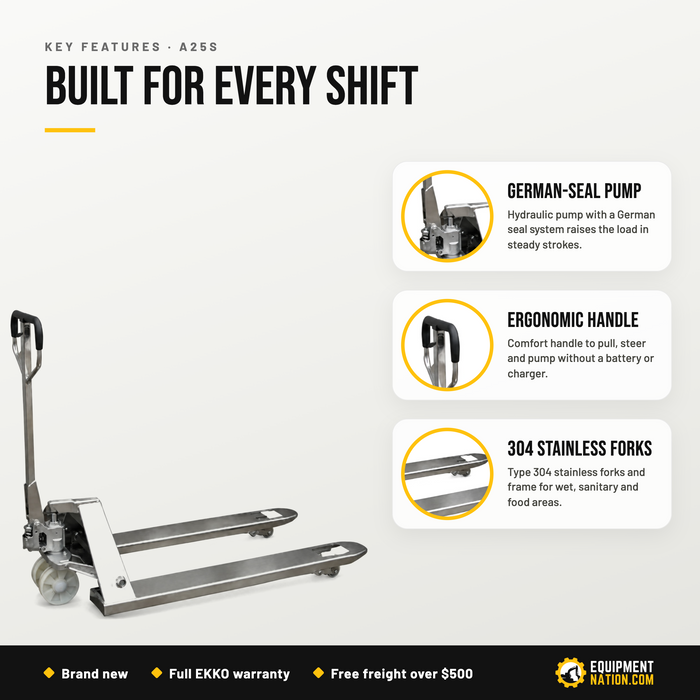 EKKO A25S Stainless Steel Manual Pallet Jack – 5,500 lbs Capacity, 7.5" Lift