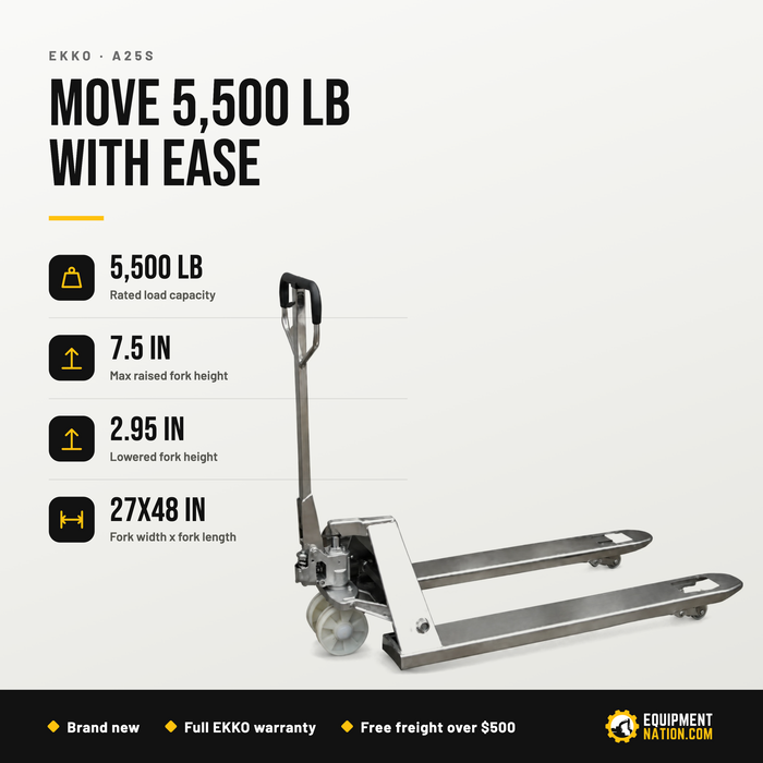 EKKO A25S Stainless Steel Manual Pallet Jack – 5,500 lbs Capacity, 7.5" Lift