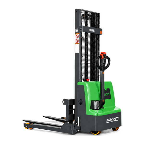 EKKO EB12E-98Li Electric Walkie Stacker – 2,640 lb Capacity, 98" Lift, 72" Mast, Adjustable Forks, 24V Lithium Battery