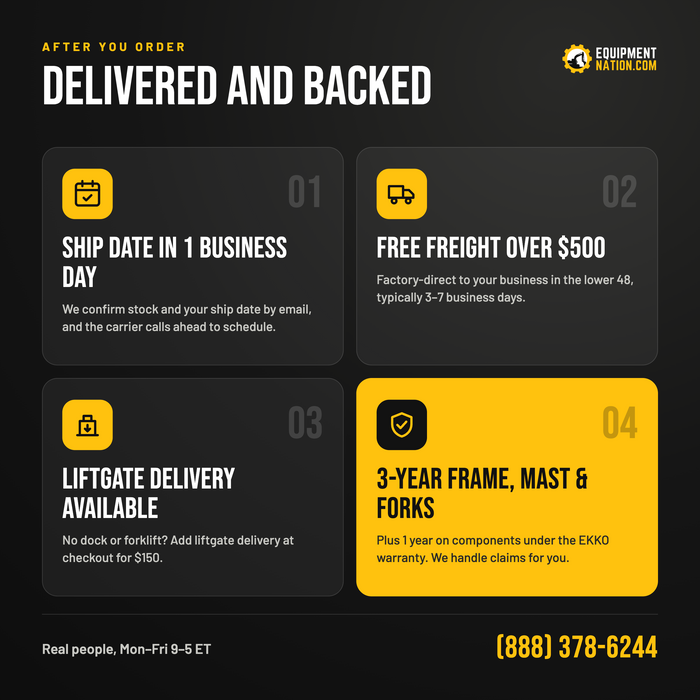 Ship date in 1 business day, free freight over $500, liftgate delivery, 3-year frame, mast and forks warranty