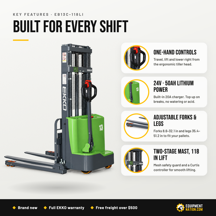 EB13C-118Li key features: one-hand tiller controls, 24V lithium power, adjustable forks and legs, two-stage mast