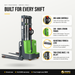 EB13C-118Li key features: one-hand tiller controls, 24V lithium power, adjustable forks and legs, two-stage mast