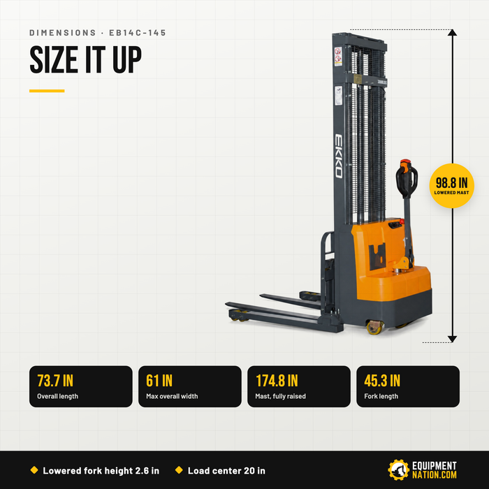 EKKO EB14C-145 Full Powered Straddle Stacker 3000 lb Capacity, 145" Height