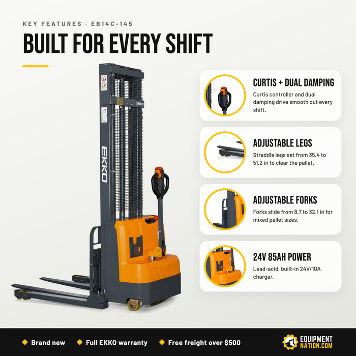 EKKO EB14C-145 Full Powered Straddle Stacker 3000 lb Capacity, 145" Height
