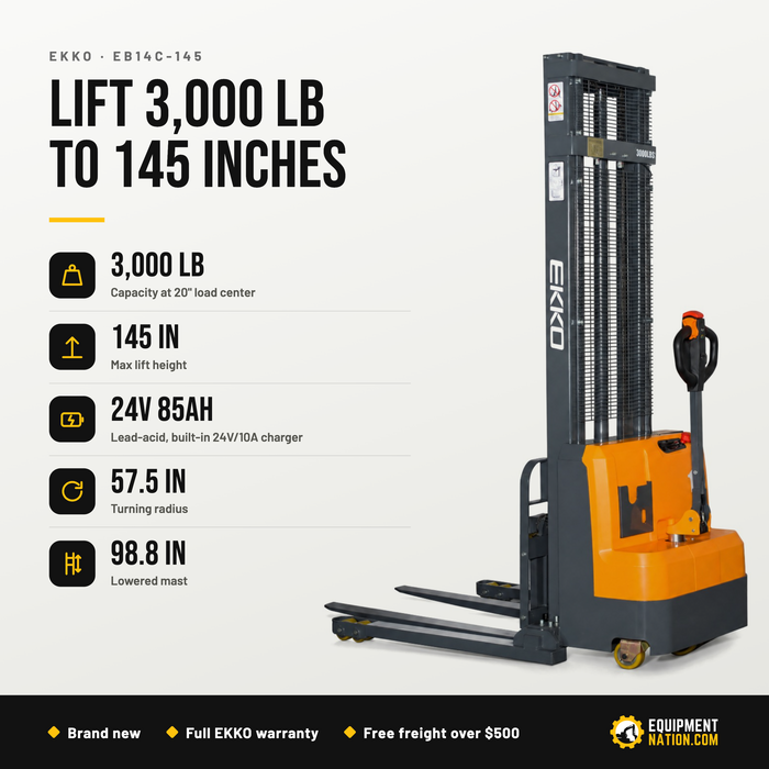 EKKO EB14C-145 Full Powered Straddle Stacker 3000 lb Capacity, 145" Height