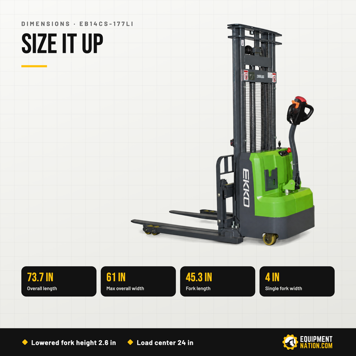 EKKO EB14CS-177Li Lithium Straddle Stacker 3000 lb Cap, 177" Height, Side-shift
