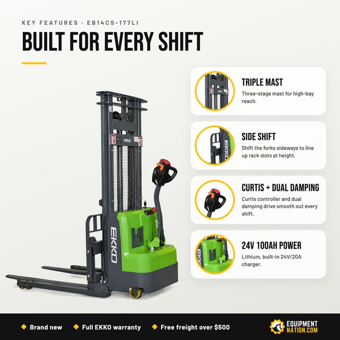 EKKO EB14CS-177Li Lithium Straddle Stacker 3000 lb Cap, 177" Height, Side-shift