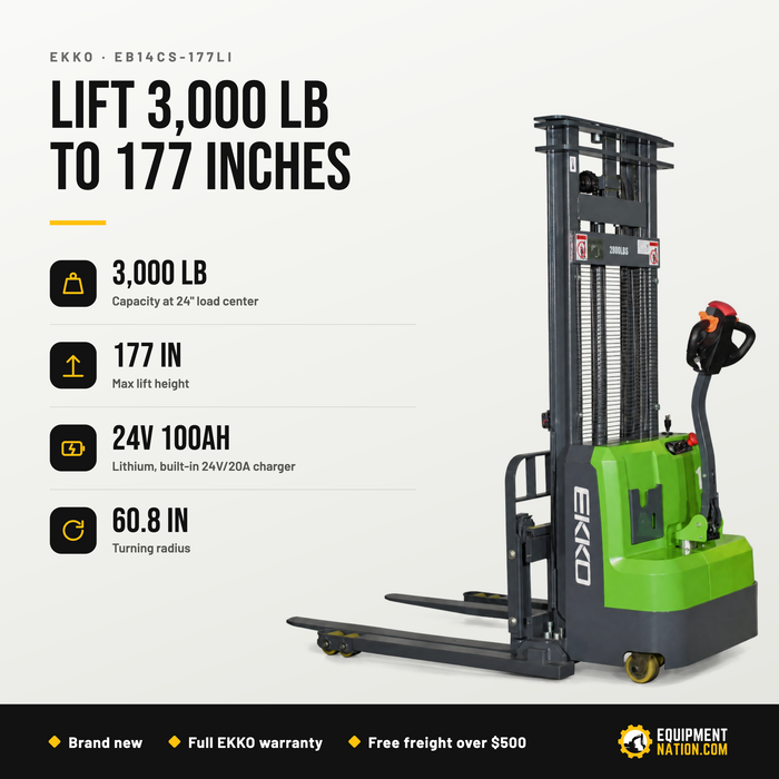 EKKO EB14CS-177Li Lithium Straddle Stacker 3000 lb Cap, 177" Height, Side-shift
