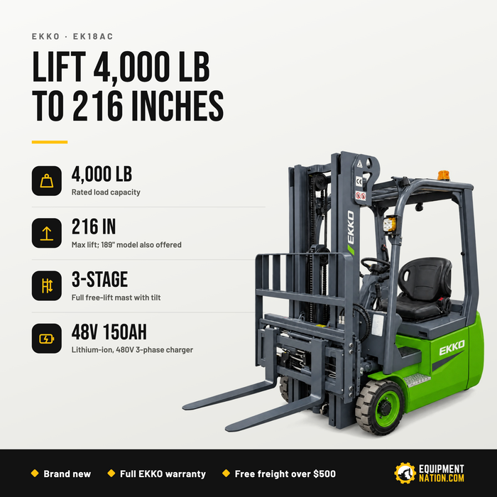 EKKO EK18AC Series 3-Wheel Lithium Forklift, 4,000 lb Capacity