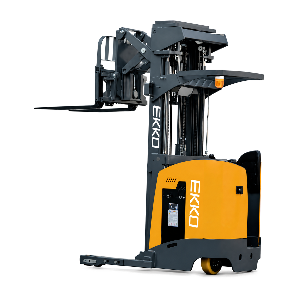 EKKO EK18RR-335 Reach Truck – 4,000 lb Capacity, 335" Lift, 22.44" Reach, Stand-Up Narrow Aisle, 48V/420Ah Battery