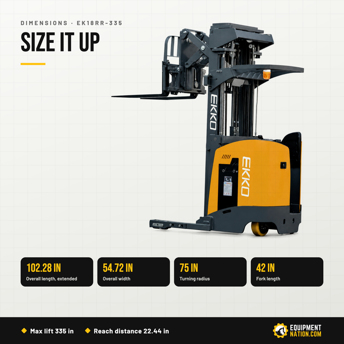 EKKO EK18RR-335 Reach Truck – 4,000 lb Capacity, 335" Lift, 22.44" Reach, Stand-Up Narrow Aisle, 48V/420Ah Battery