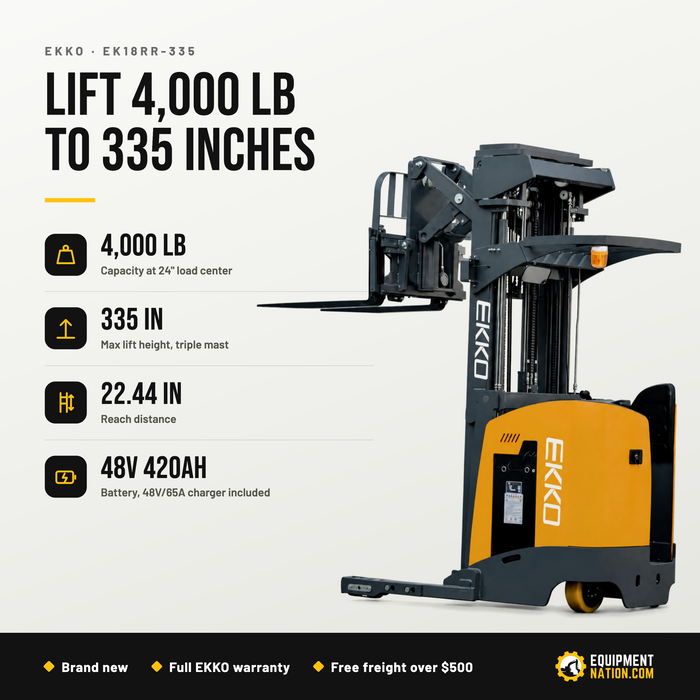 EKKO EK18RR-335 Reach Truck – 4,000 lb Capacity, 335" Lift, 22.44" Reach, Stand-Up Narrow Aisle, 48V/420Ah Battery