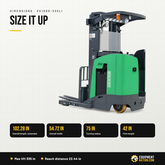 EKKO EK18RR-335Li Reach Truck – 4,000 lb Capacity, 335" Lift, Stand-Up Narrow Aisle, Lithium Battery