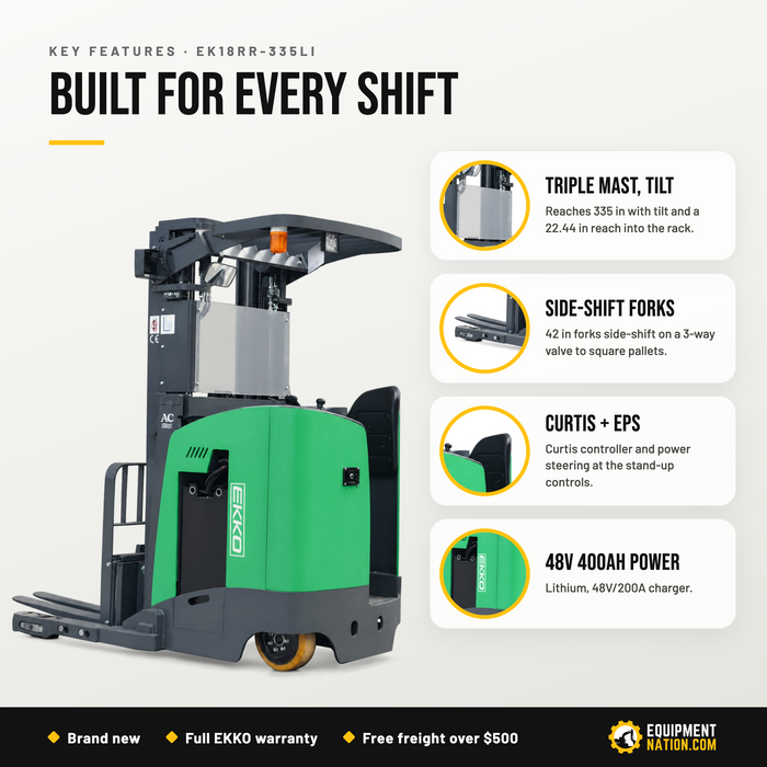 EKKO EK18RR-335Li Reach Truck – 4,000 lb Capacity, 335" Lift, Stand-Up Narrow Aisle, Lithium Battery