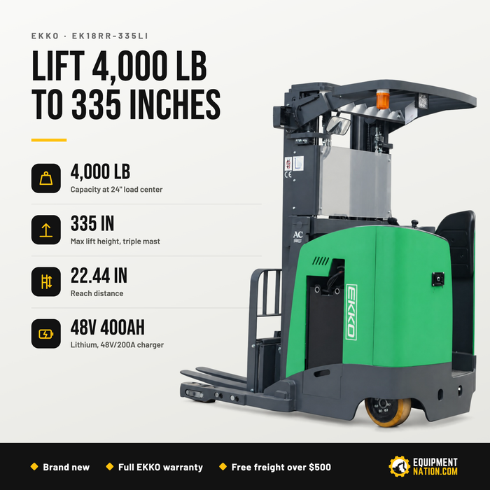 EKKO EK18RR-335Li Reach Truck – 4,000 lb Capacity, 335" Lift, Stand-Up Narrow Aisle, Lithium Battery